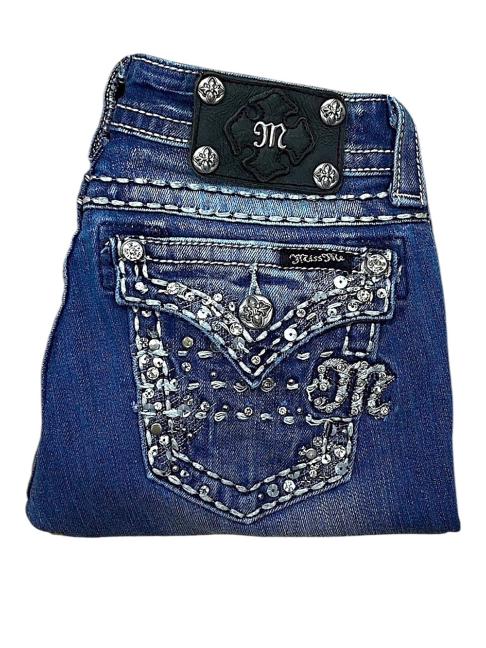 Miss Me Rhinestone Flap Pocket Skinny Jeans